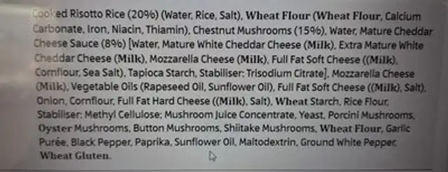 Mushroom Arancini ingredients label