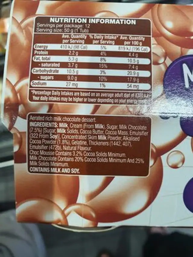 Marvellicious choc Mousse ingredients label