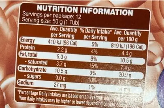 Marvellicious choc Mousse nutrition facts table