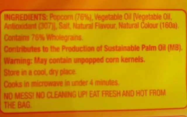 Microwave Popcorn Extra Butter Flavour ingredients label