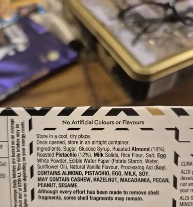 Gourmet Almond & Pistachio Soft Nougat ingredients label