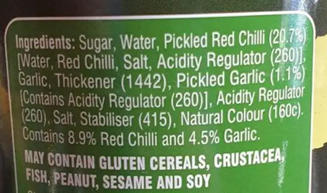 Sweet chili sauce ingredients label