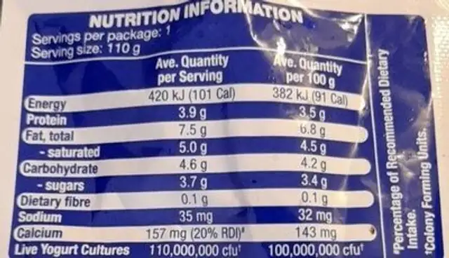 Kids no added sugar Greek style yogurt nutrition facts table