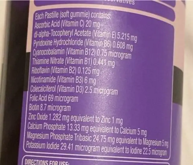 Multivitamin nutrition facts table