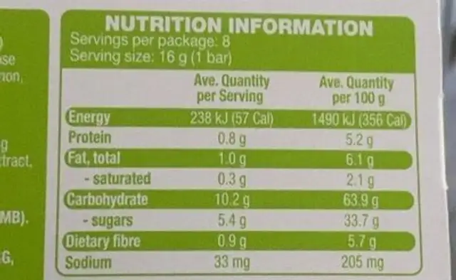 Fruit snack cereal bars apple nutrition facts table