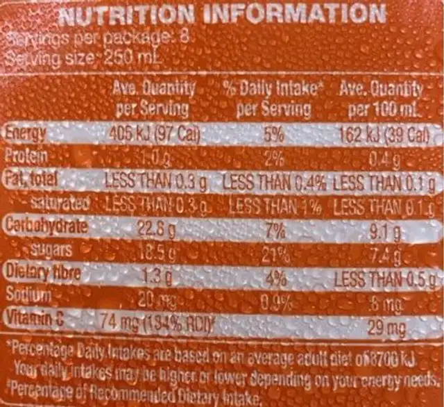 orange juice nutrition facts table