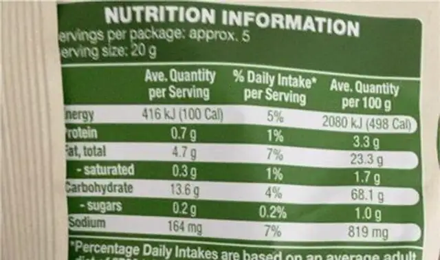 Veggie straws nutrition facts table