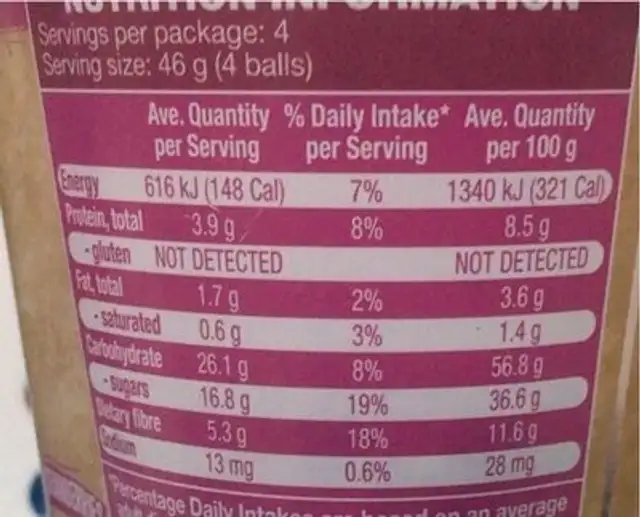 Wholefood balls nutrition facts table