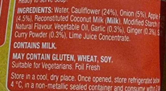 Curried cauliflower soup ingredients label
