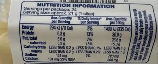 Light Tasty Cheese Slice nutrition facts table