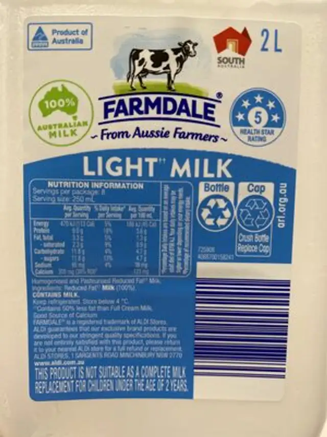 Light milk ingredients label