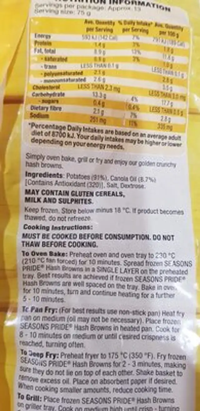 Hash Brown ingredients label
