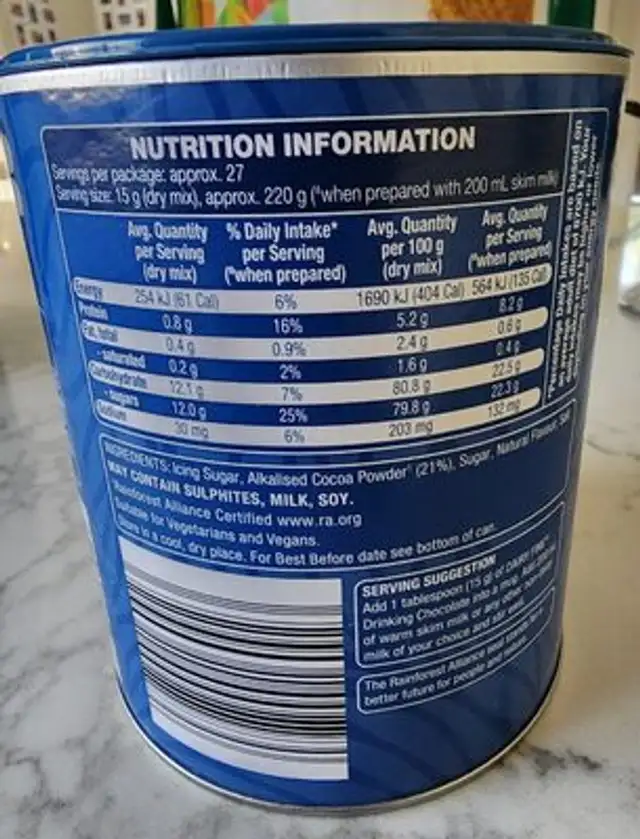 Drinking Chocolate nutrition facts table