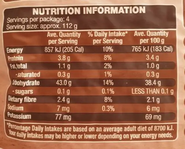 Brown wholegrain Jasmin rice nutrition facts table