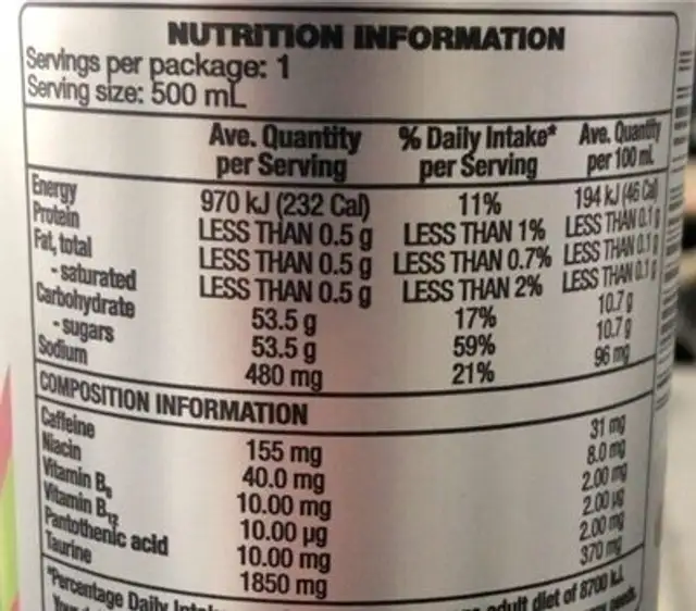 Flying power energy drink nutrition facts table