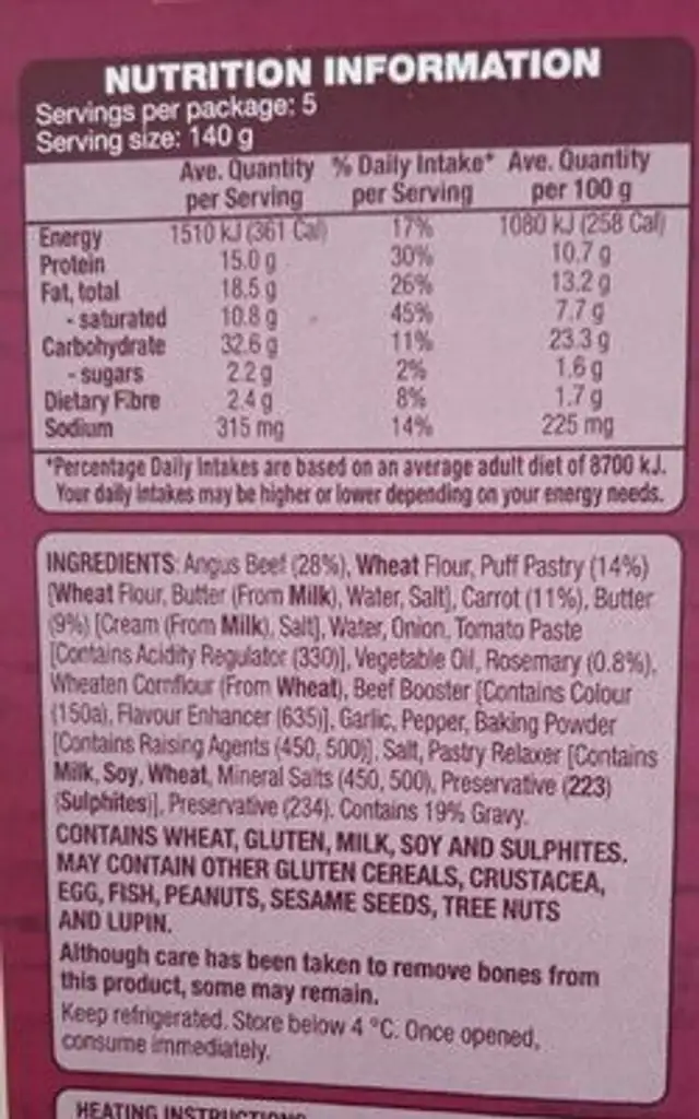 Chunky Angus Beef Pie nutrition facts table