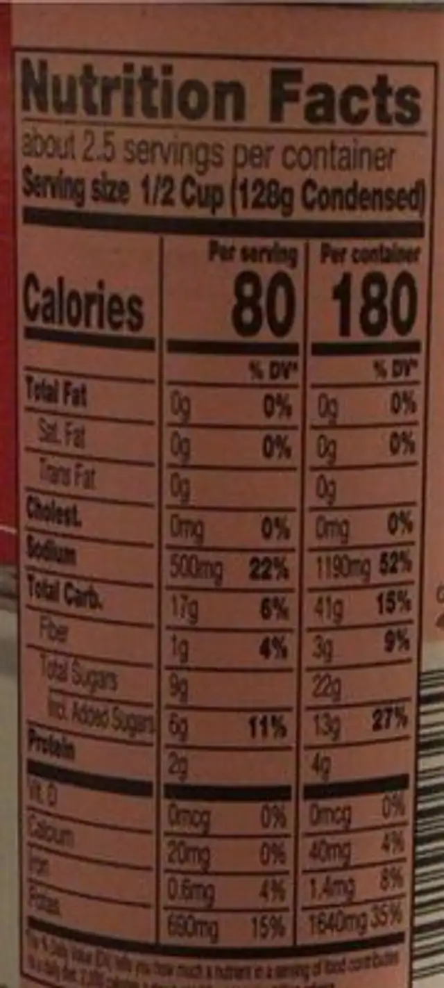 Tomato soup nutrition facts table