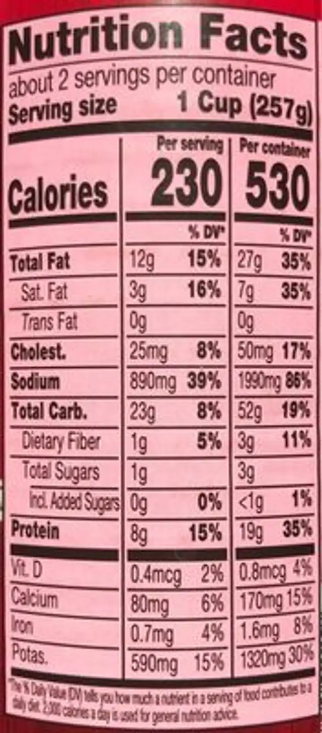 Chicken Broccoli Cheese & Potato nutrition facts table