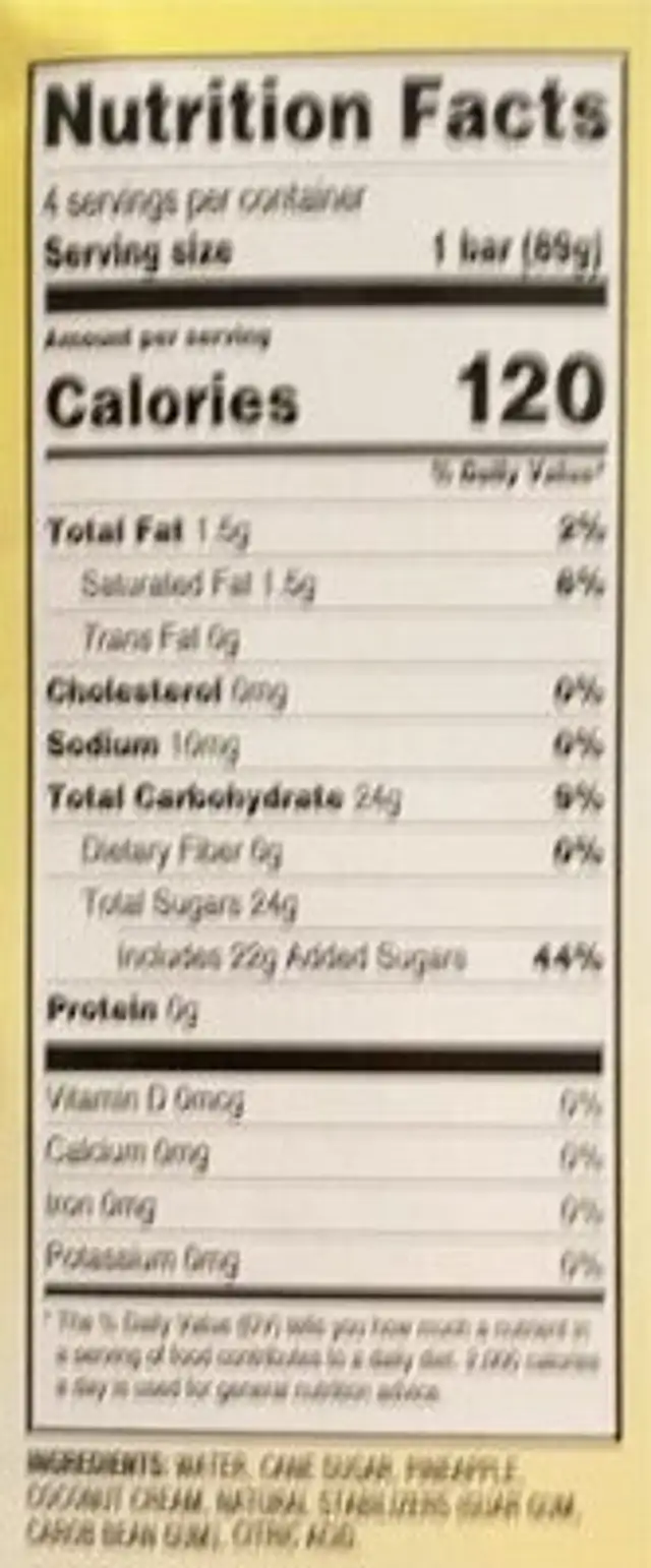 Pina Colada Frizen Fruit Bar nutrition facts table