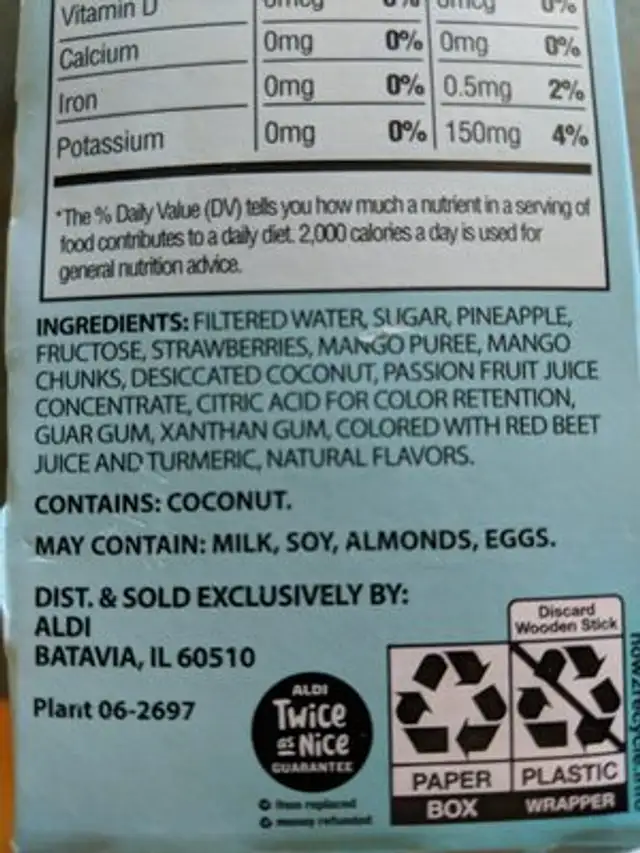 Caribbean frozen fruit bars ingredients label