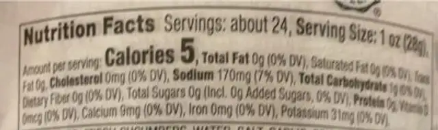 Half Sours nutrition facts table