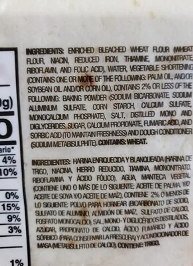 Pueblo Lindo Flour Tortillas ingredients label