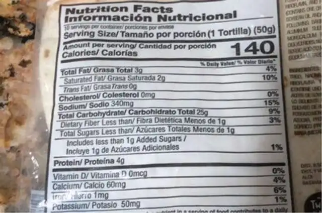 Pueblo Lindo Flour Tortillas nutrition facts table