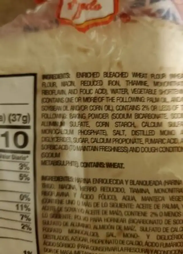 Flour tortillas ingredients label