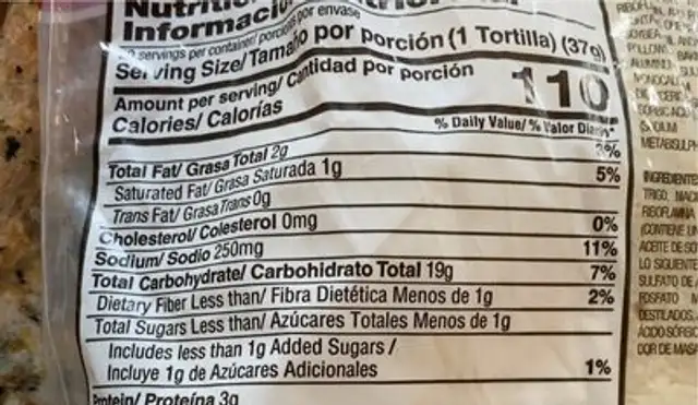 Flour tortillas nutrition facts table