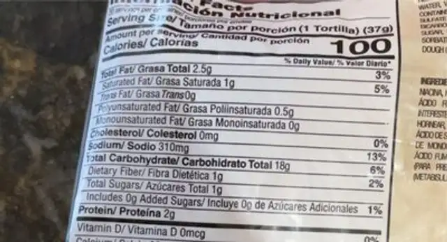 Flour tortillias nutrition facts table
