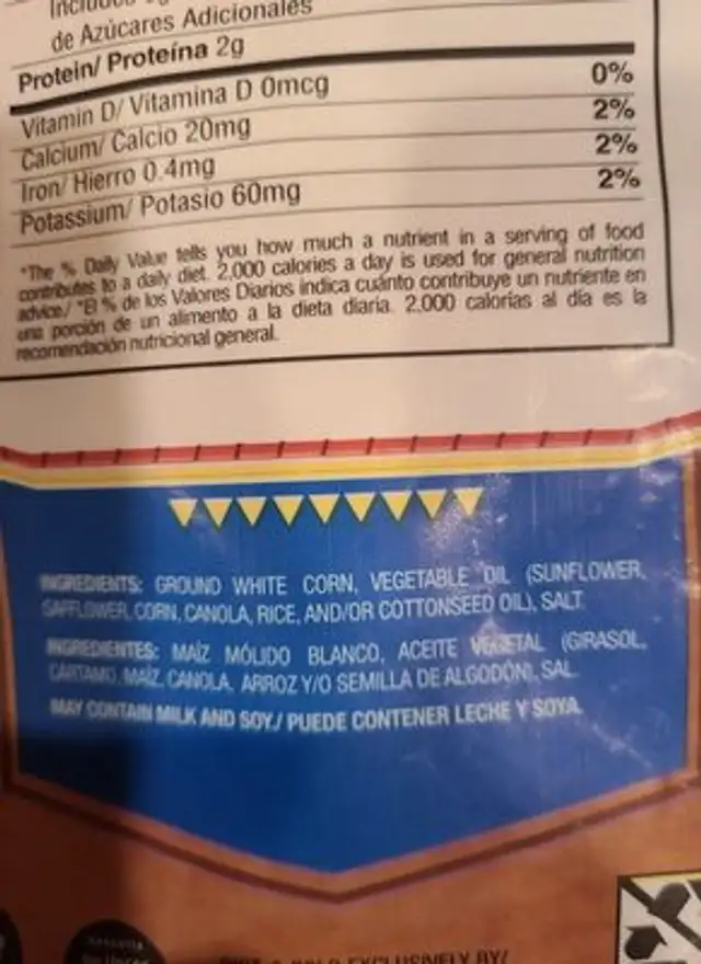 Pueblo Lindo tortilla triangles ingredients label