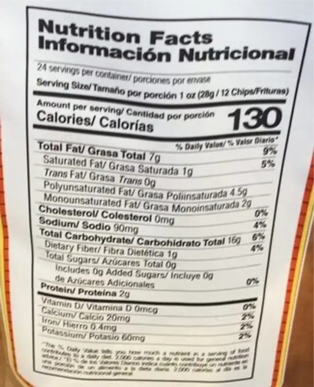 Pueblo Lindo tortilla triangles nutrition facts table