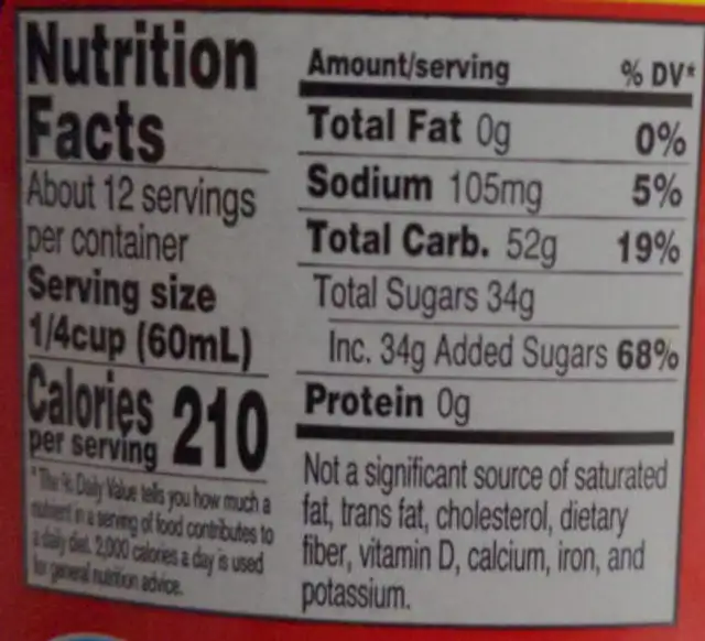 Origional Syrup nutrition facts table