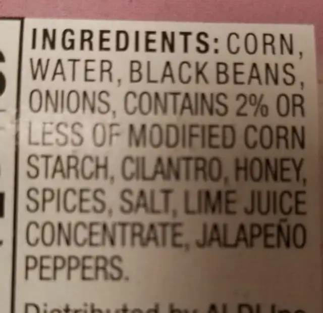 corn and black beans ingredients label