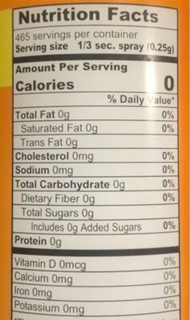 Butter Flavor Spray nutrition facts table