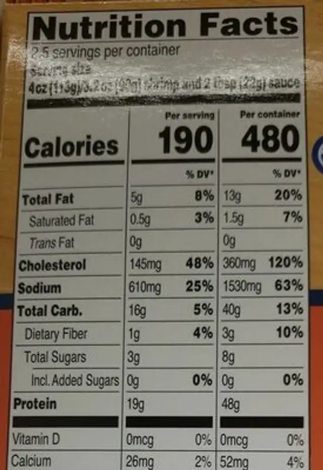 Boom Boom Shrimp nutrition facts table