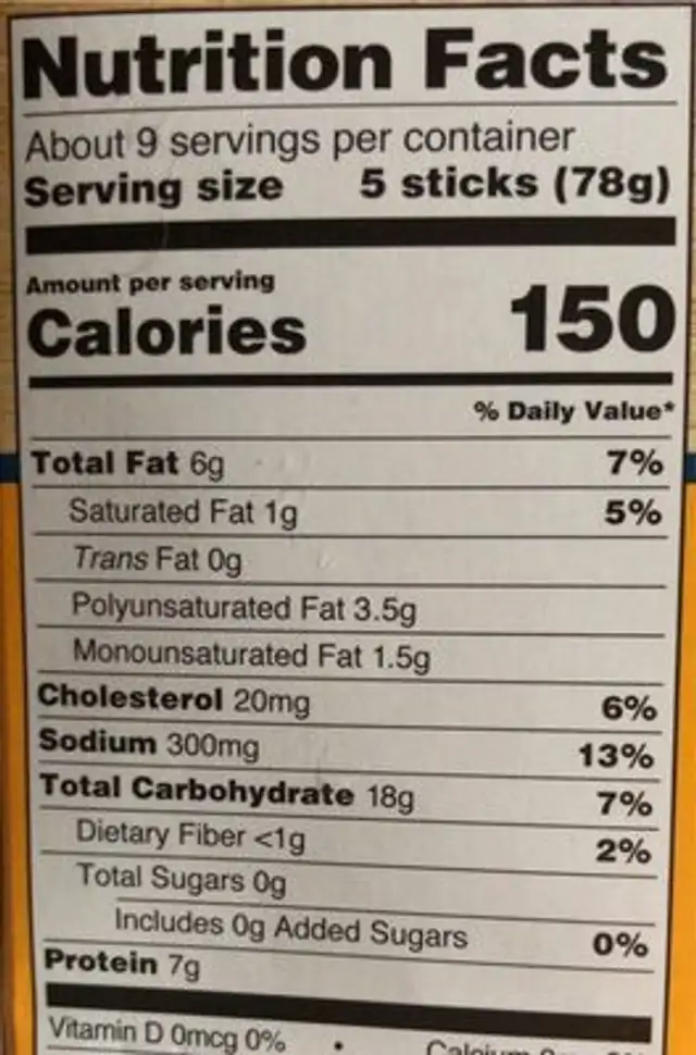 Breaded Fish Sticks nutrition facts table