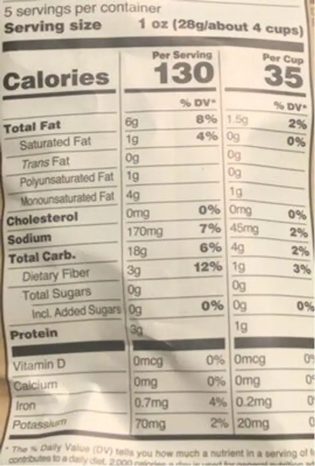 Olive oil and sea salt popcorn nutrition facts table