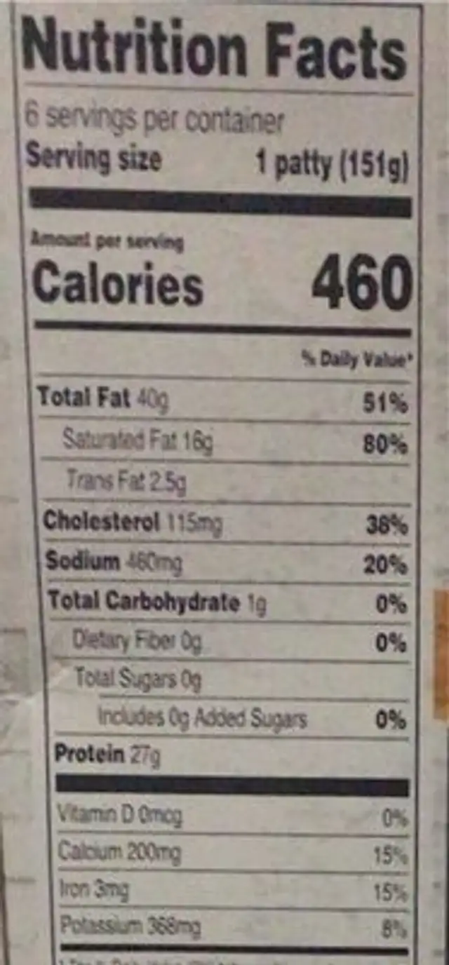 Black Angus nutrition facts table