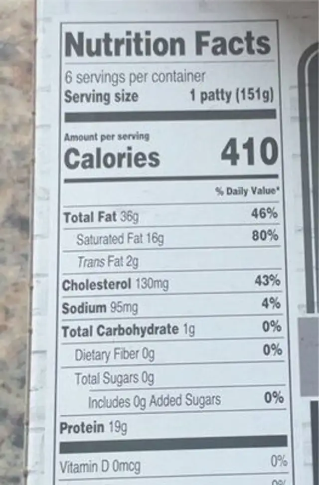 Black Angus Burgers nutrition facts table