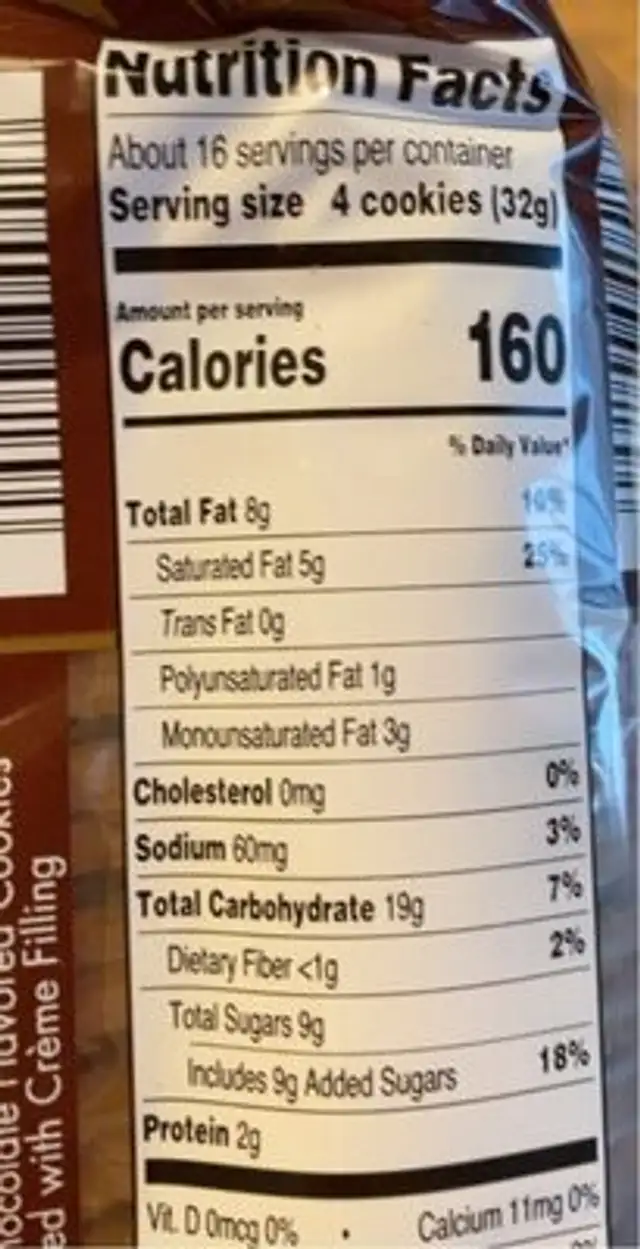 Chocolate sandwich biscuit nutrition facts table
