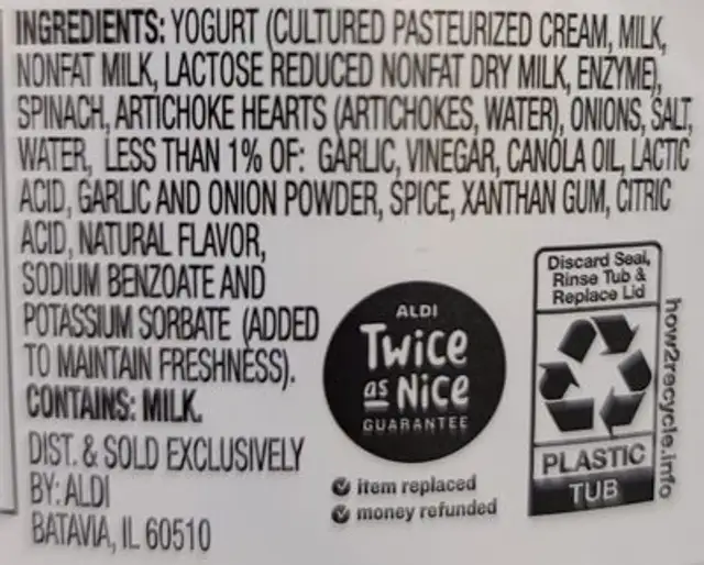 Spinach Atrichoke Tzatziki ingredients label