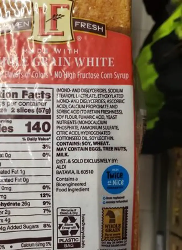 Whole Grain White Bread ingredients label