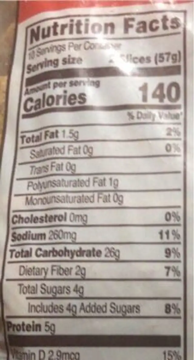 Whole Grain White Bread nutrition facts table