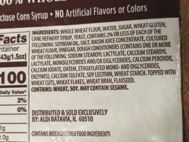 100% Whole Wheat Bread ingredients label