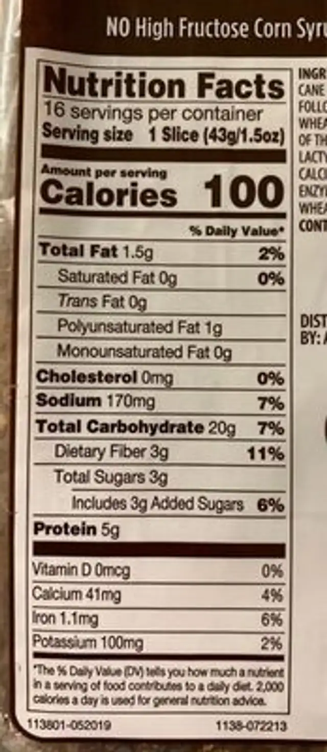 100% Whole Wheat Bread nutrition facts table