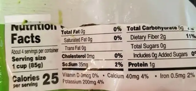 Streamed California medley nutrition facts table