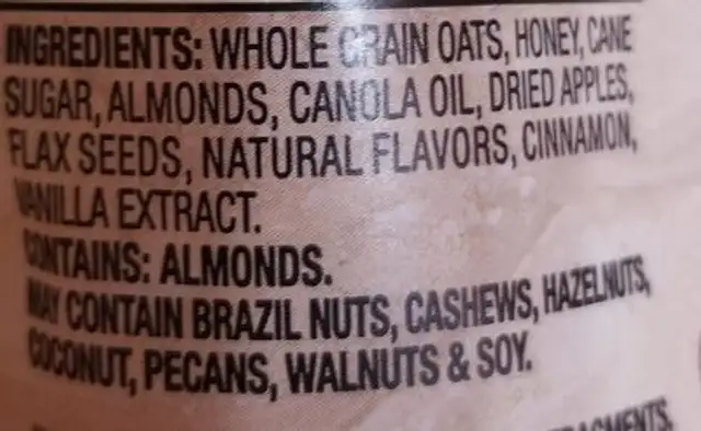 Apple and almond gluten-free honey granola ingredients label