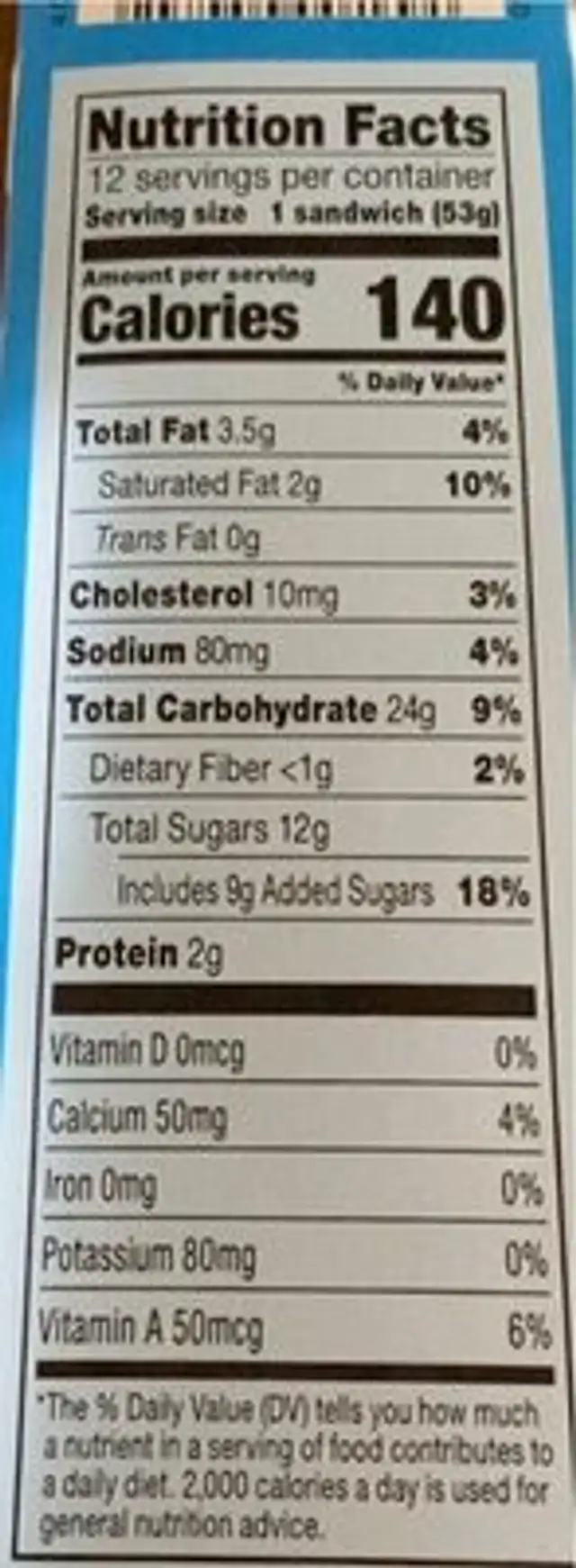 Ice cream sandwiches nutrition facts table