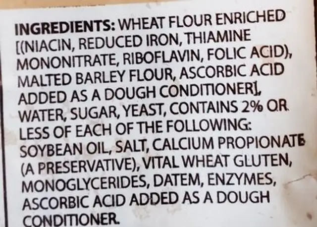 Artisanal Style Bread ingredients label
